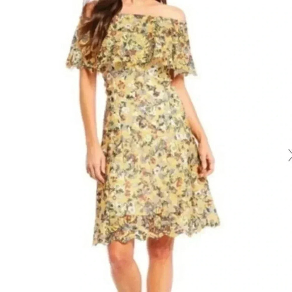 ALEX MARIE Anna Flounce Lace Off The Shoulder Yellow Floral Dress Size 4 Small - Picture 2 of 13